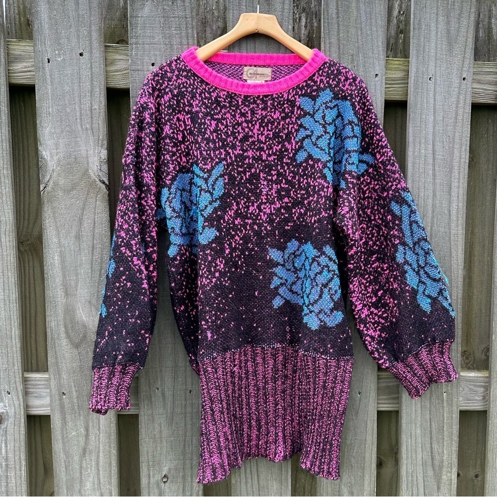 GIL AIMBEZ knit rose pullover sweater | 80s batwing oversized sweater